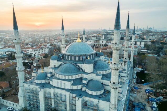Aerial view of the Blue Mosque at sunset, Istanbul, Turkey